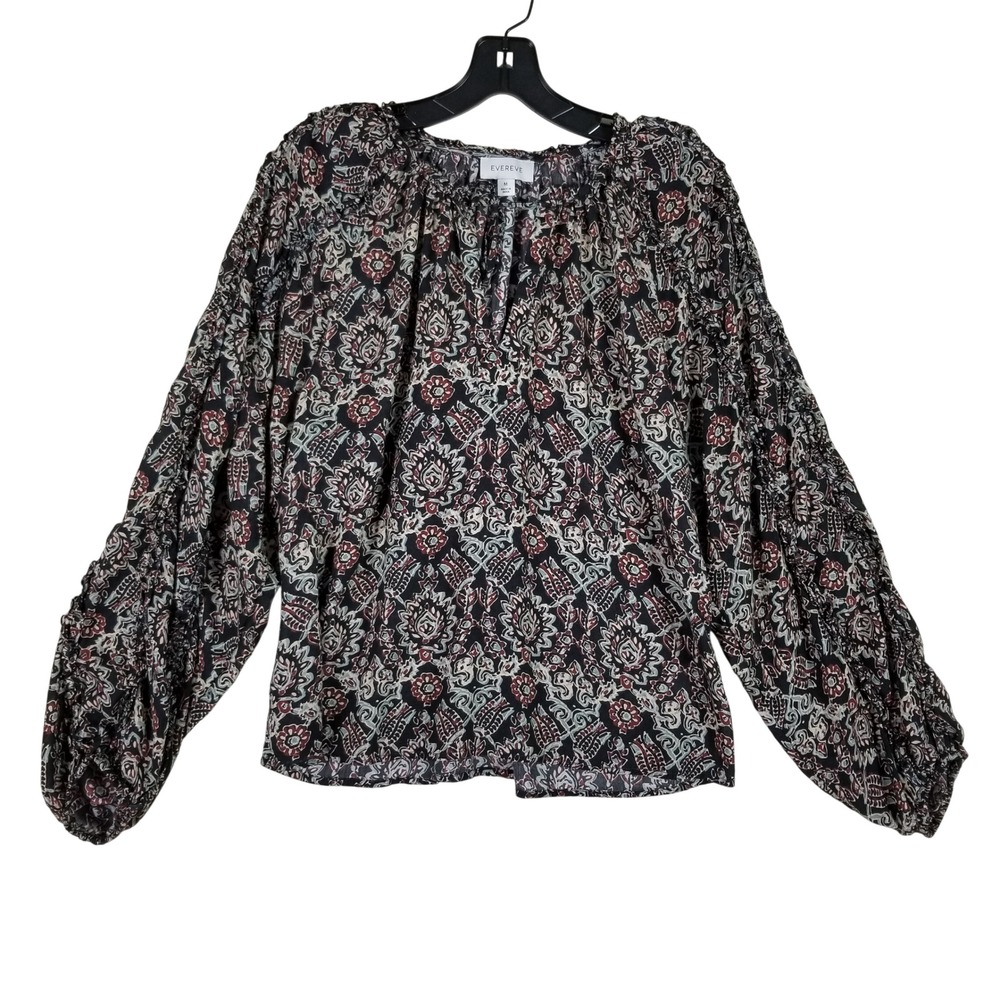 Evereve Blouse Women Size M Navy Paisley Smocked Balloon Sleeve Boho Top
